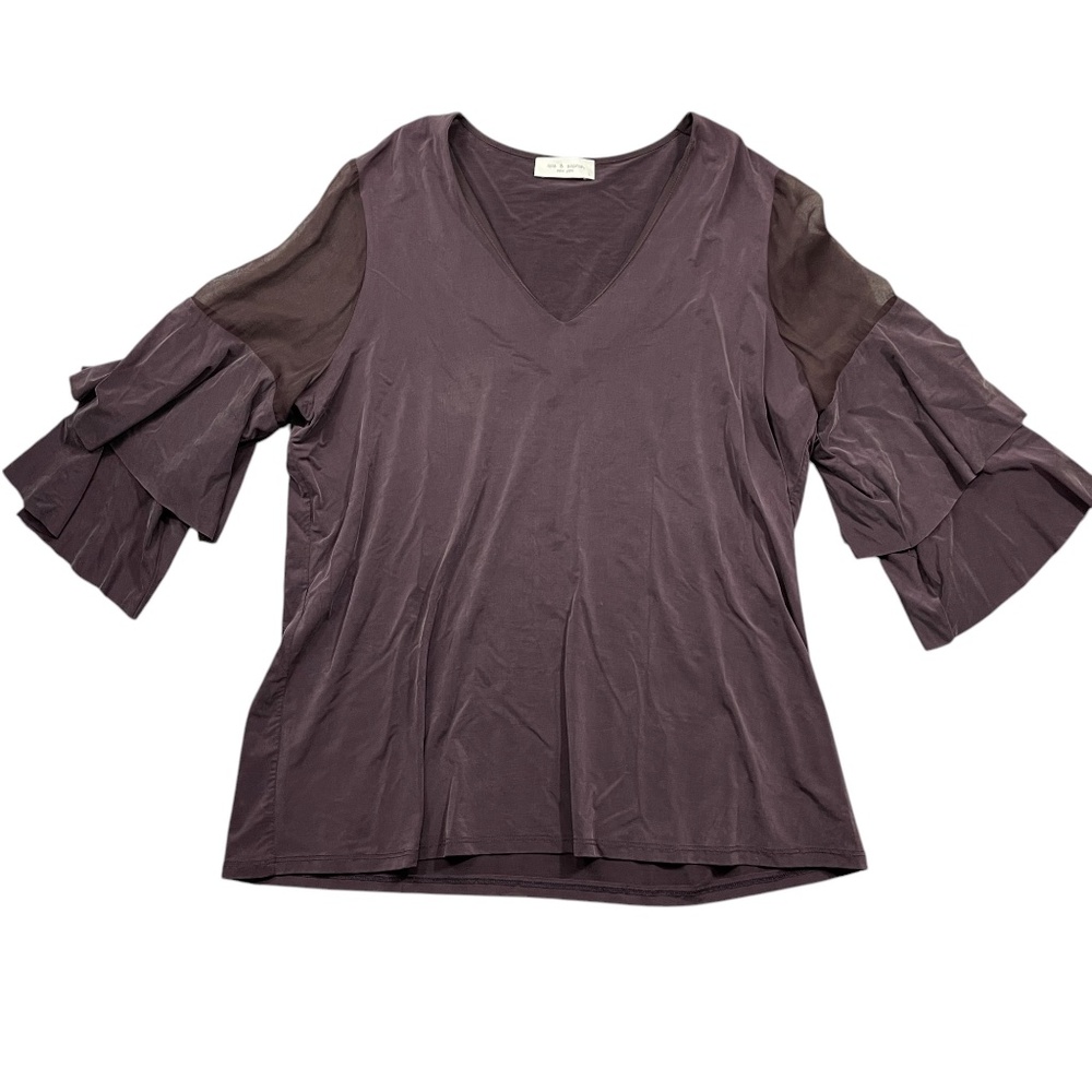 Lola & Sophia New York Large 100%‎ Silk Purple V Neck 3/4 Bell Sleeve Blouse